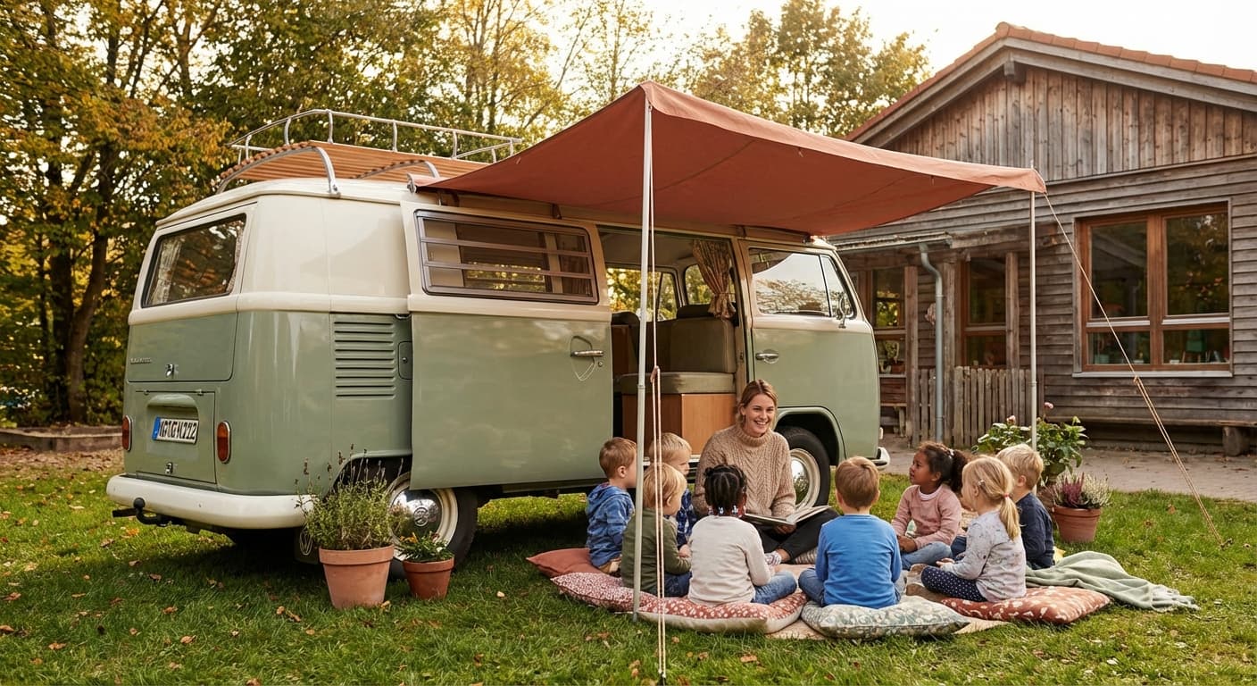 Anker-Mobil mit Vorzelt, Kinder sitzen im Kreis draußen