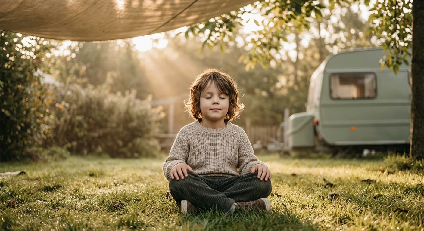 Kind meditiert friedlich unter einem Sonnensegel, goldenes Licht, mobiler Wagen im Hintergrund
