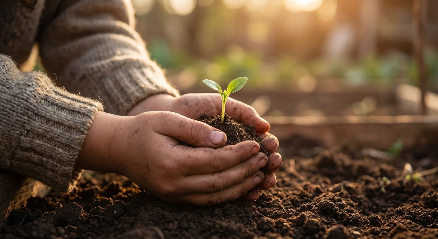 Kinderhände halten behutsam einen Setzling